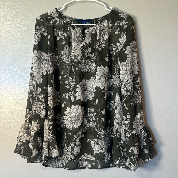 Apt 9 Women's Green & White Floral Flowy Bell Sleeve Blouse Boho Cottagecore Med - Picture 1 of 10